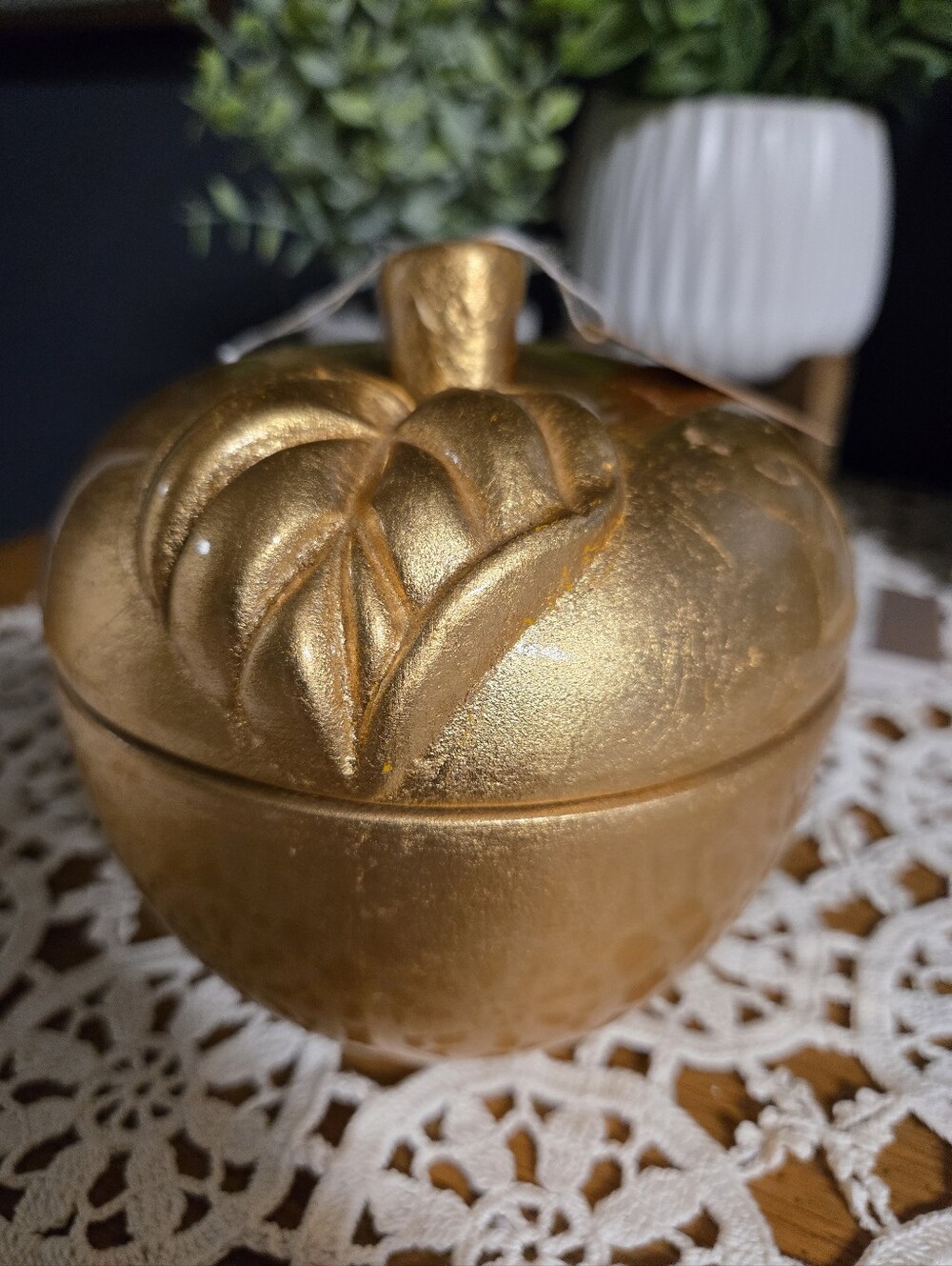 Gold Ceramic Apple Trinket Box / Covered Dish